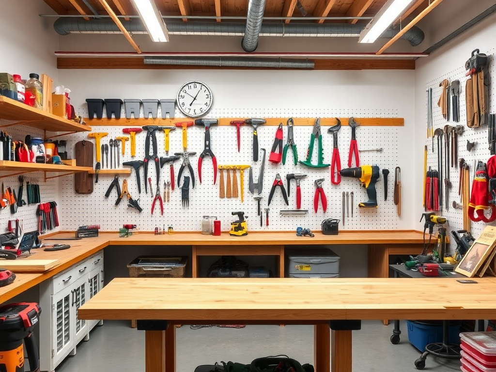 Aufger&auml;umte Werkstatt mit Werkbank und Werkzeugwand