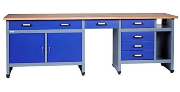 Breite Werkbank mit Schr&auml;nken und Schubladen